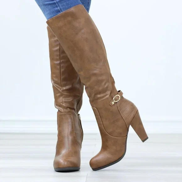 Tan Below The Knee Faux Leather Boots Round Toe Classy Cone Heeled - Picture 11 of 14